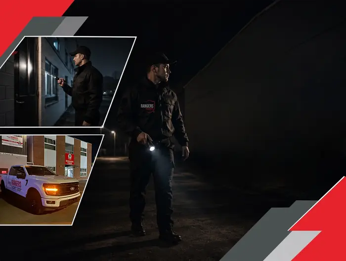 Security guard monitoring multiple surveillance screens, ensuring comprehensive security solutions for various sectors.