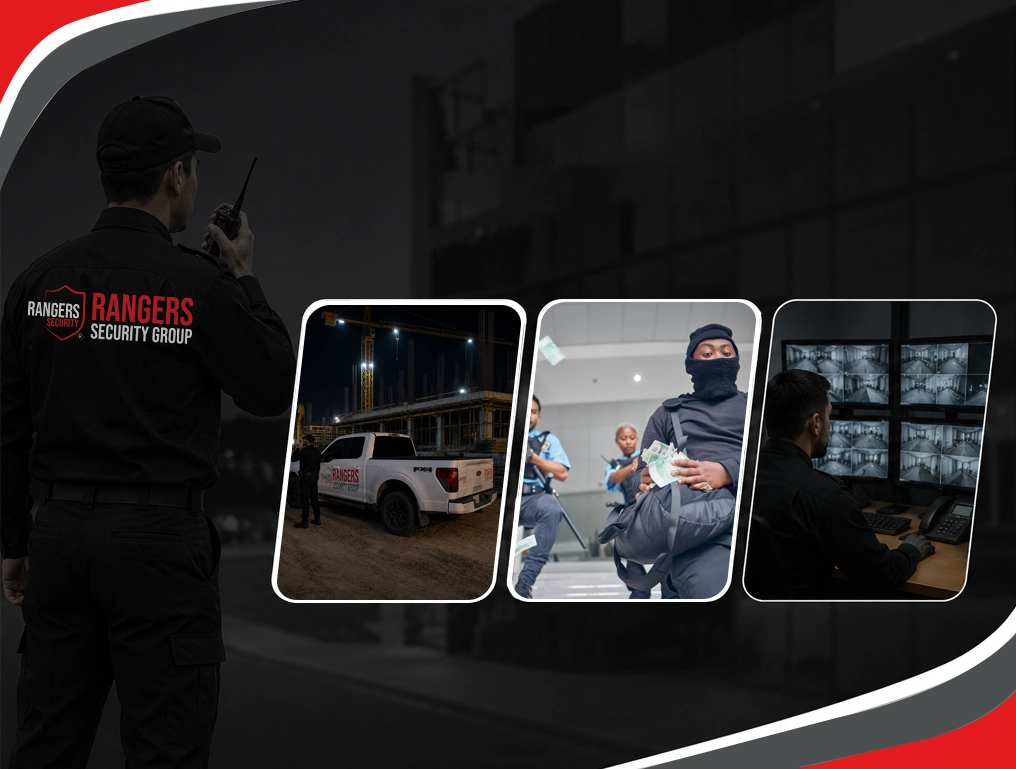 Mascot monitoring screens in the control room, representing Rangers Security Group’s continuous quality control and real-time supervision of guard performance