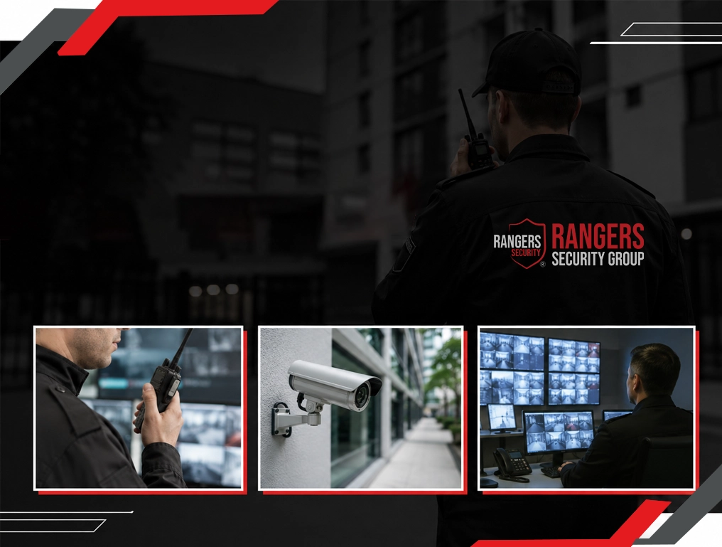 Mascot, security professional, and advanced tech devices representing Rangers Security Group’s integrated setup of cameras and communication systems to support on-site guards