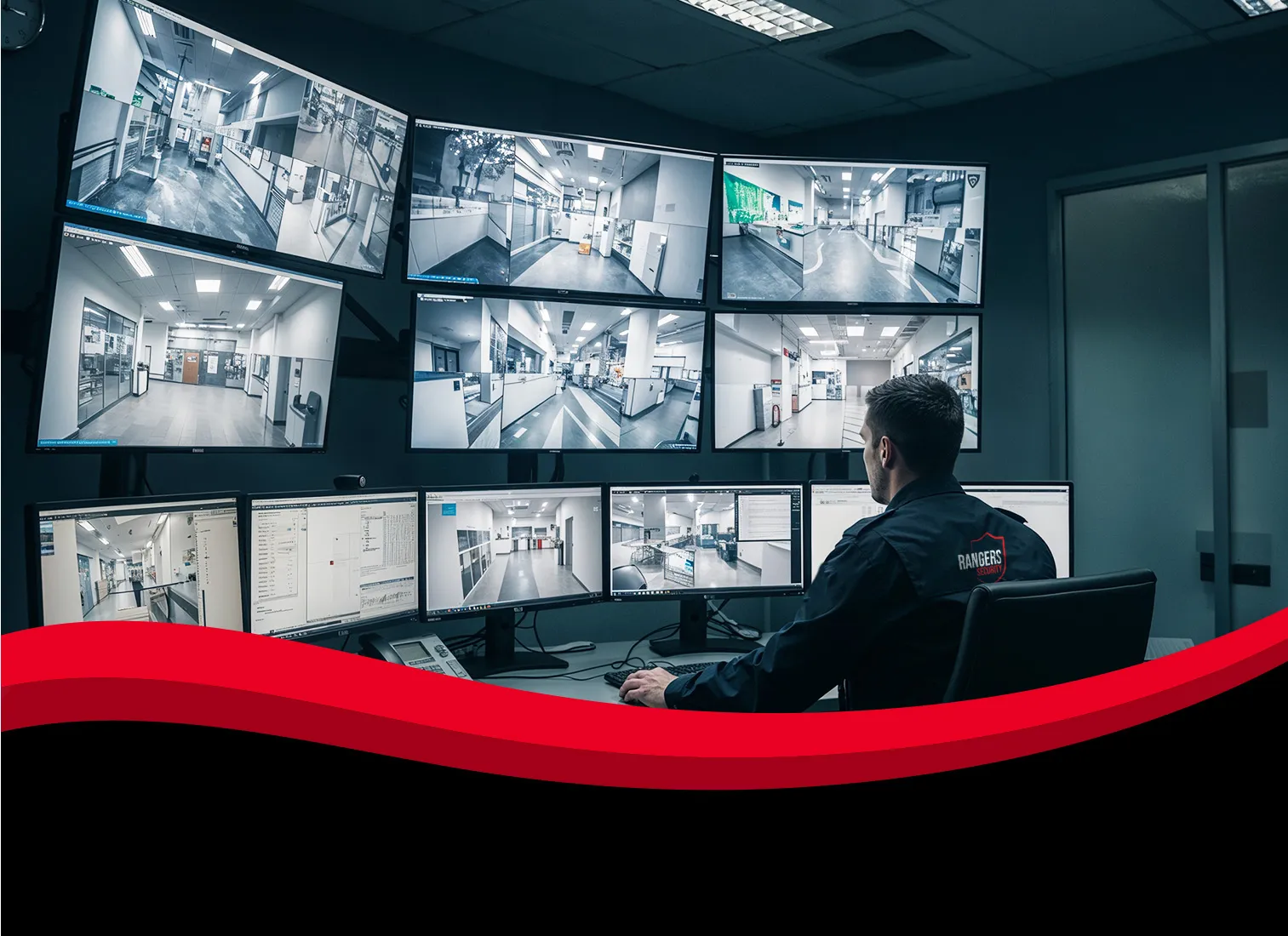 Rangers Security Group professional monitors live screens to deliver tailored security solutions and ensure safety for commercial properties.