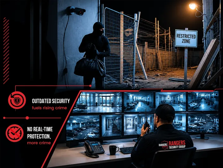 Real-time theft showing business security challenges, with Rangers Security Group’s live monitoring ensuring proactive threat prevention