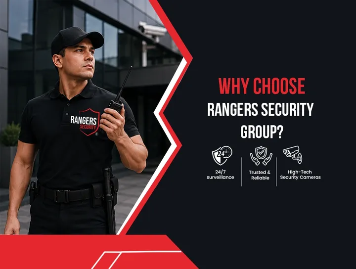 Security professional representing 24/7 surveillance, high-tech security cameras, and the trusted reliability of Rangers Security Group