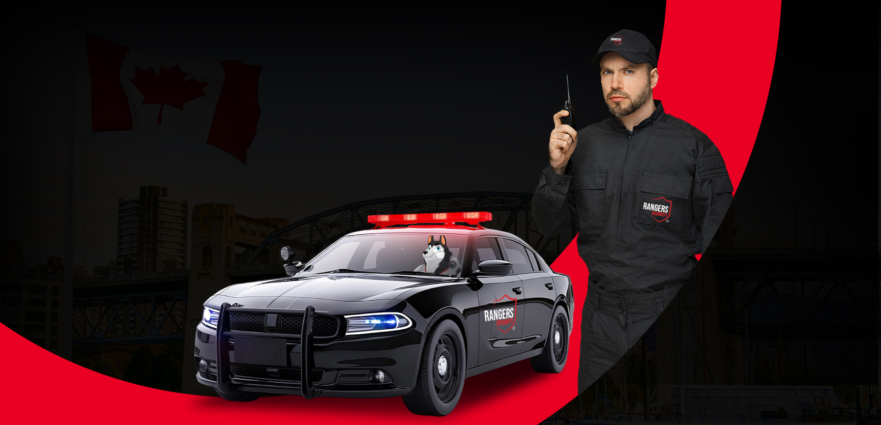 Uniformed security guard with wireless devices and patrol vehicle representing Rangers Security Group’s mobile patrol services.