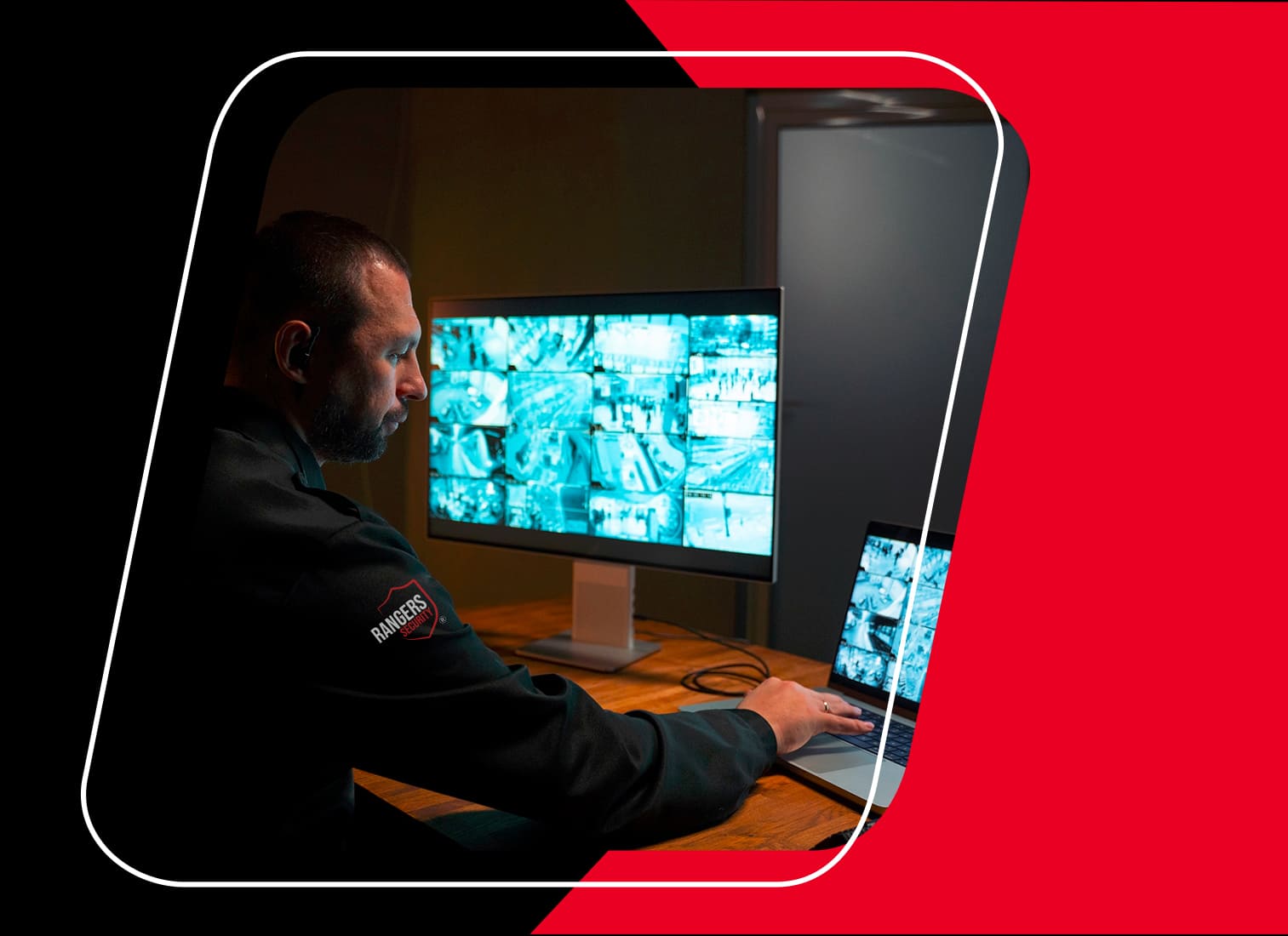 Rangers Security officer monitoring surveillance screens, emphasizing 24-hour security service.
