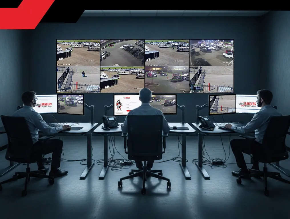 Security officer monitoring video feeds showcasing real-time surveillance by trained officers for enhanced safety