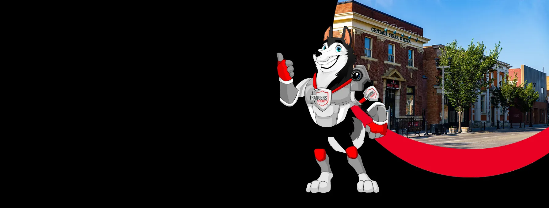 Rangers Security Group mascot representing specialized Wetaskiwin security solutions with live video monitoring and 24/7 protection.