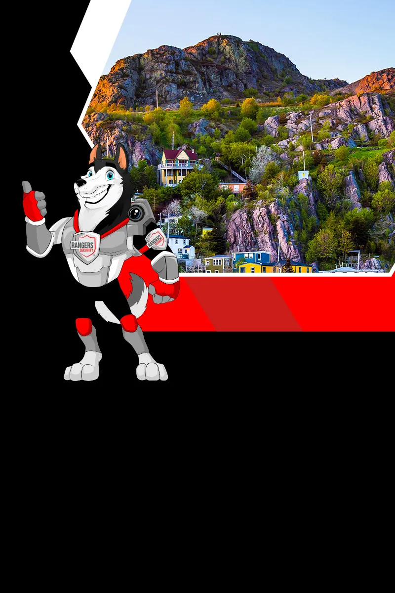 Rangers Security Group mascot representing top-tier security solutions in Newfoundland and Labrador, with trained guards and full monitoring coverage