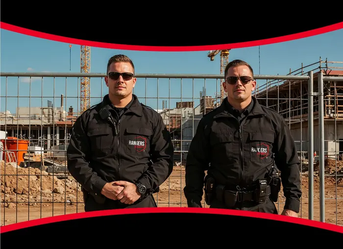 Rangers Security guards in uniform ensuring on-site protection, with a 'Licensed & Insured' badge.