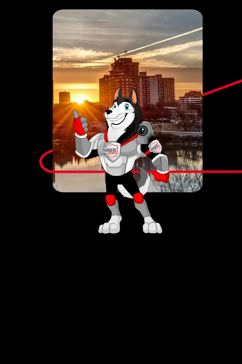 Rangers Security Group mascot providing reliable security solutions in Saskatchewan, ensuring safety with professional guards and monitoring systems.